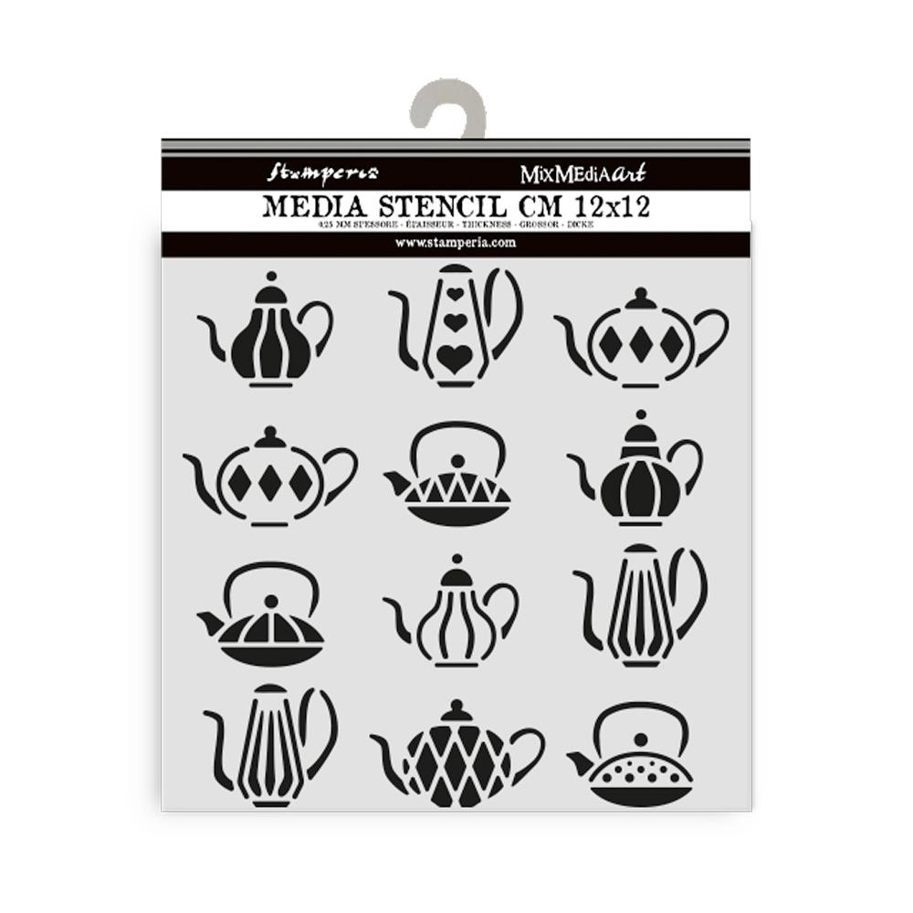 Stamperia - 4.5 x 4.5 - Thick Stencil - Alice in Christmas - Teapots