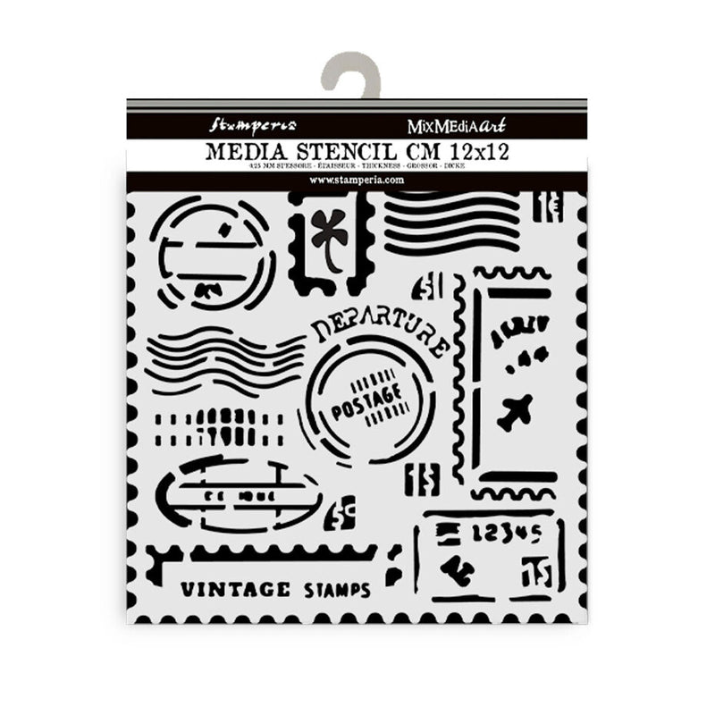 Stamperia - 4.5 x 4.5 - Thick Stencil - Art of Traveling - Postal Stamps