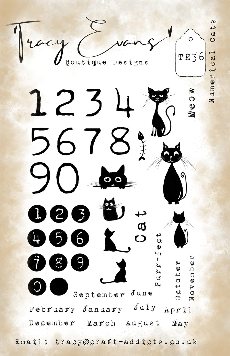 Tracy Evans Boutique Designs - Clear Stamps - A5 - Numerical Cats - TE36