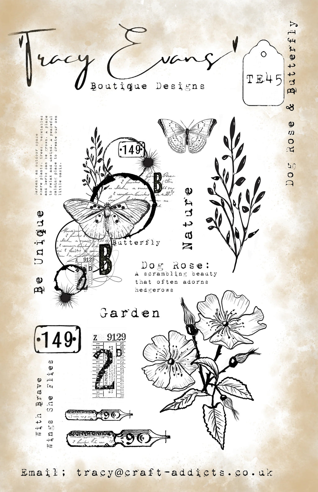 Tracy Evans Boutique Designs - Clear Stamps - A5 - Dog Rose & Butterfly - TE45