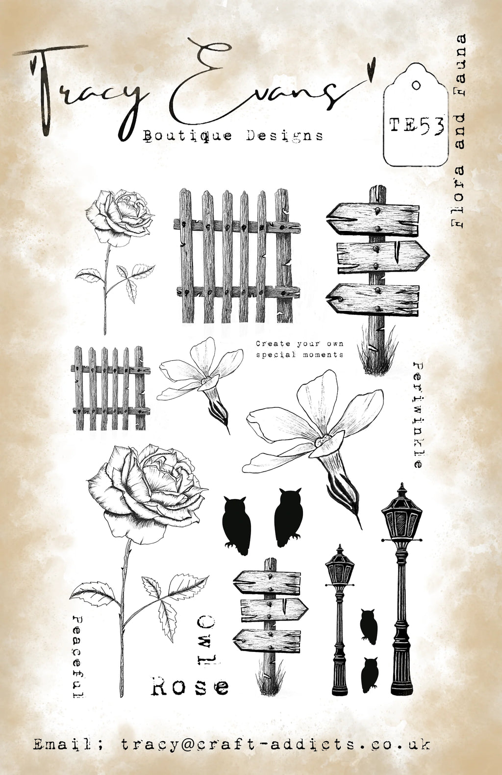 Tracy Evans Boutique Designs - Clear Stamps - A5 - Flora and Fauna - TE53