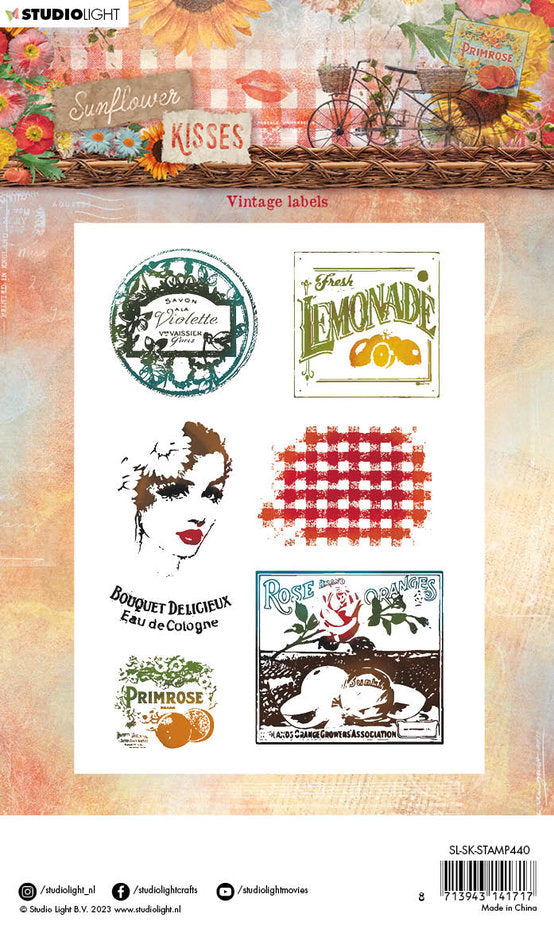Studio Light - A6 - Sunflower Kisses - Clear Stamp Set - Vintage Labels