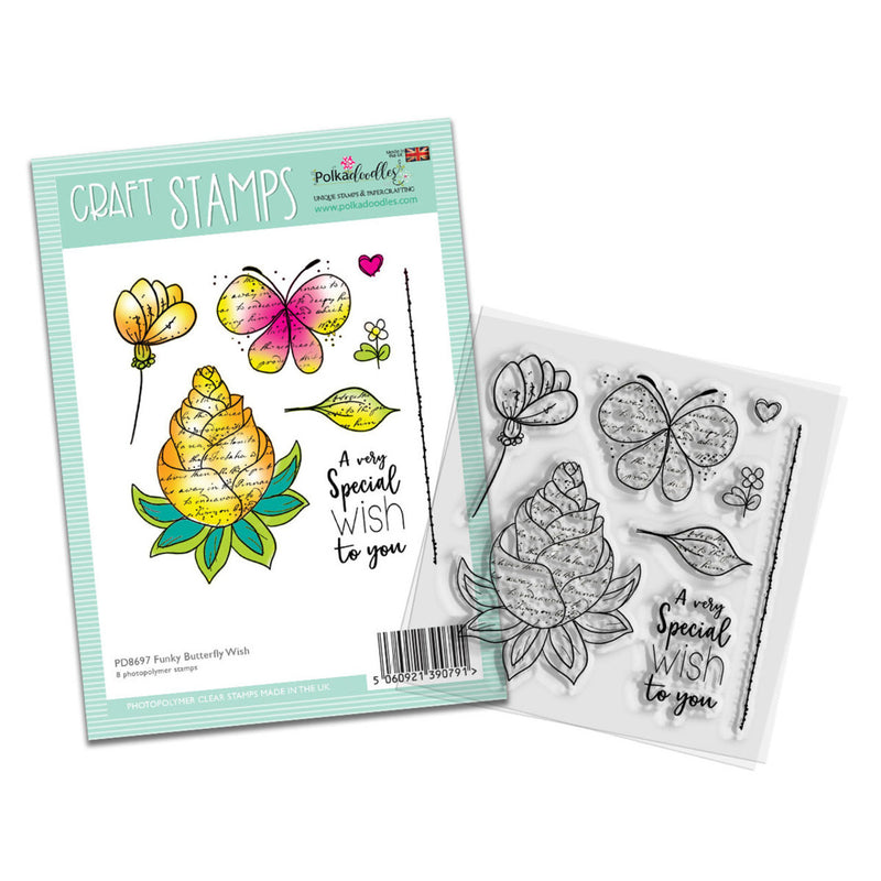 Polkadoodles - Clear Polymer Stamp Set - Funky Butterfly Wish