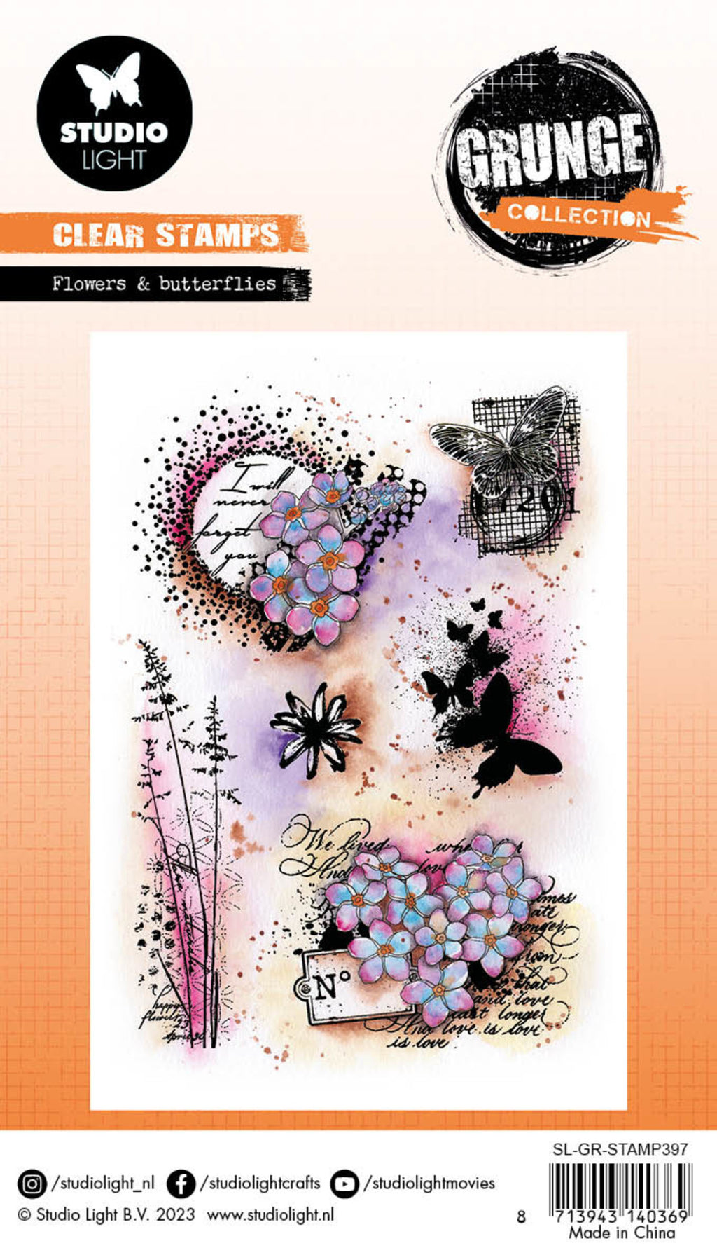 Studio Light - A6 - Grunge - Clear Stamp Set - Flowers & Butterflies