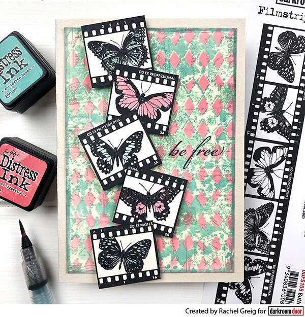 Darkroom Door - Filmstrip Stamp - Butterflies - Red Rubber Cling Stamp