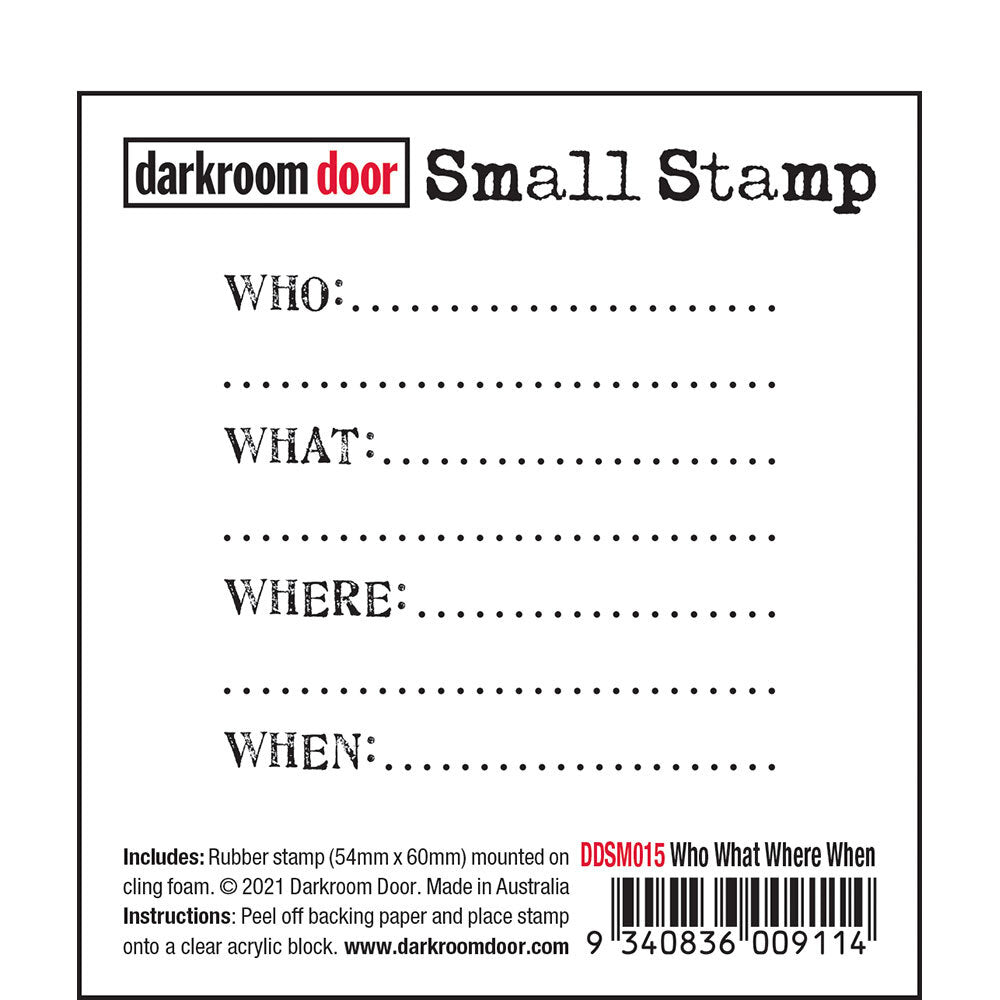 Darkroom Door - Small Stamp - Who What Where When - Red Rubber Cling Stamp