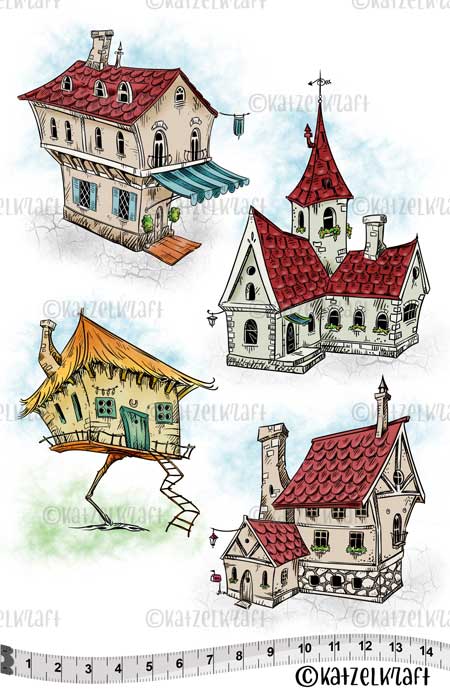 Katzelkraft - A5 - KTZ173 - Unmounted Red Rubber Stamp Set - The Houses