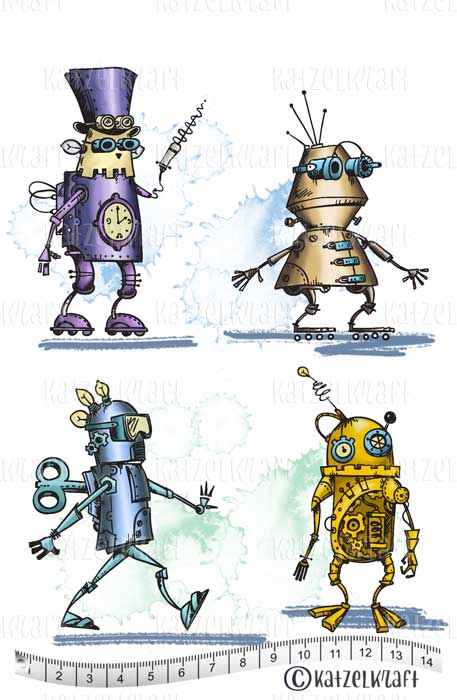 Katzelkraft - A5 - KTZ209 - Unmounted Red Rubber Stamp Set - Robots 1