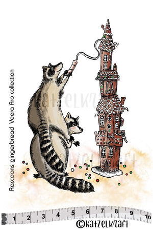 Katzelkraft - SOLO142 - Unmounted Red Rubber Stamp - Raccoons and Gingerbread