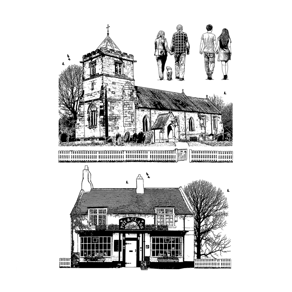 Crafty Individuals - Unmounted Rubber Stamp - 474 - Village Inn and Church