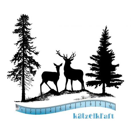 Katzelkraft - A6 - KTZ197 -  Unmounted Red Rubber Stamp Set - Winter Deer Scene