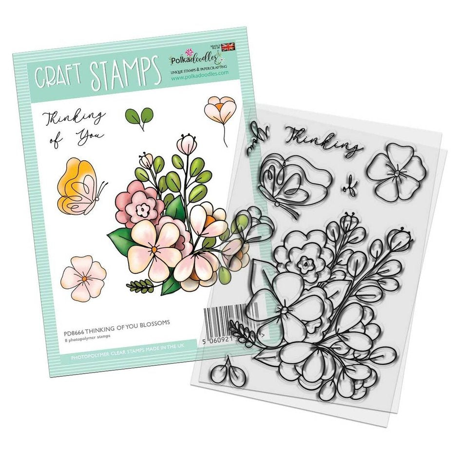 Polkadoodles - A6 - Clear Polymer Stamp Set - Thinking of You Blossom Flowers
