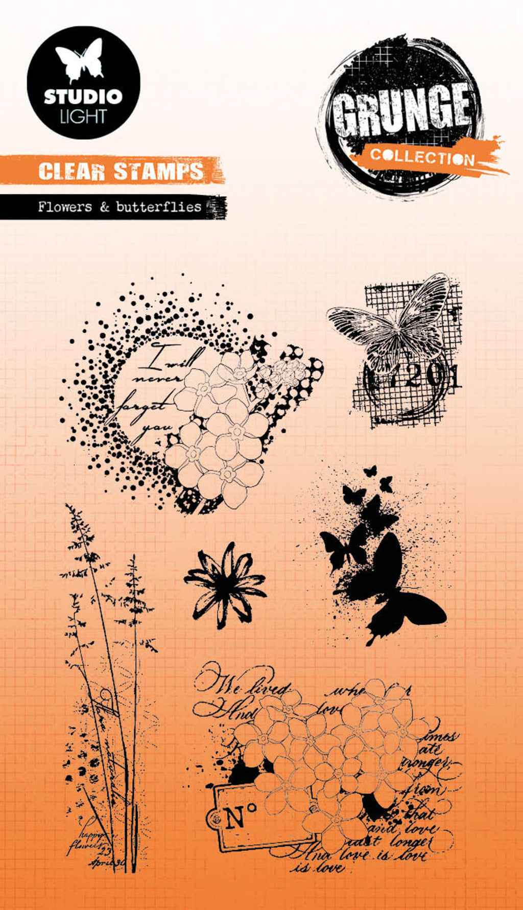 Studio Light - A6 - Grunge - Clear Stamp Set - Flowers & Butterflies