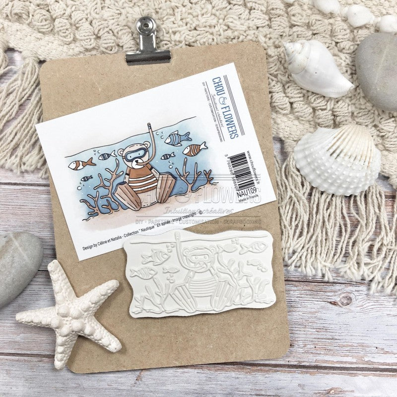 Chou & Flowers - White Rubber Stamp - Snorkel Bear