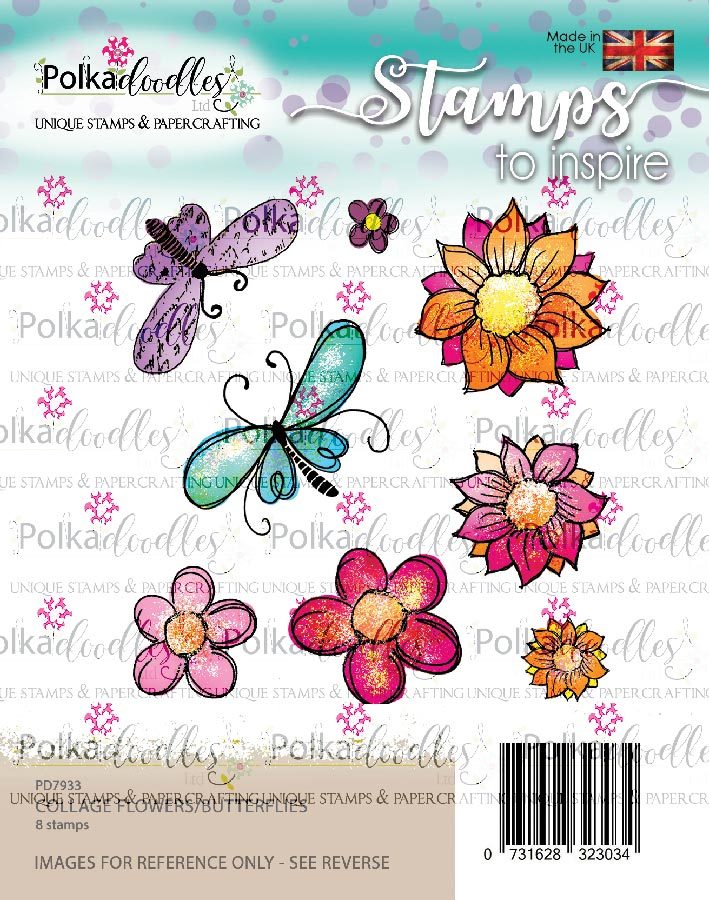 Polkadoodles - Clear Polymer Stamp Set - A6 - Collage Flowers with Butterflies